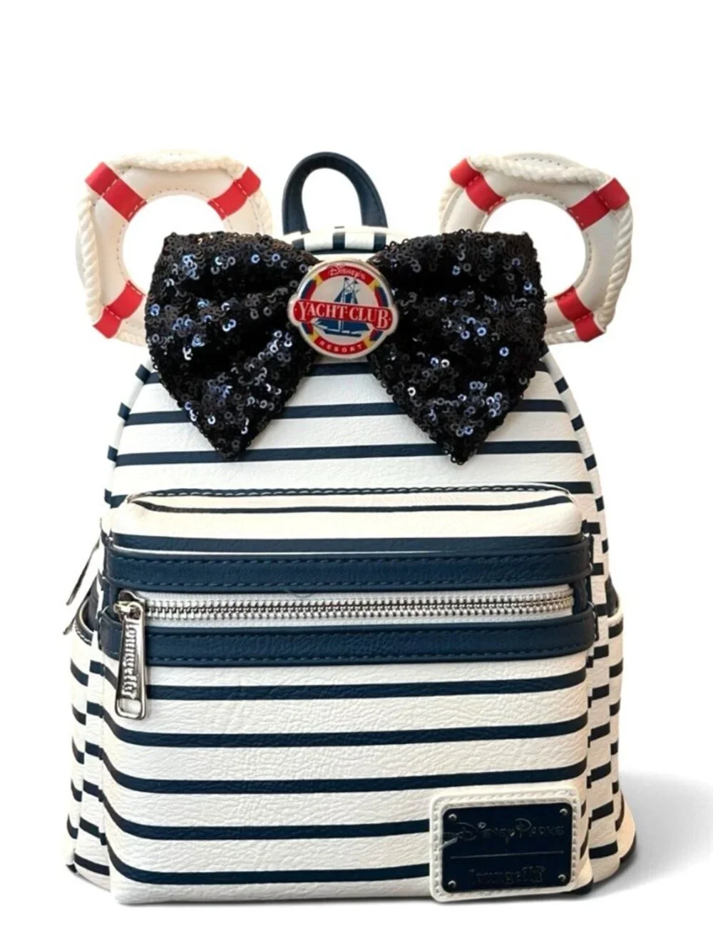 Disney Yacht Club Resort Minnie Mouse Sequin Bow Striped Loungefly Backpack NWT